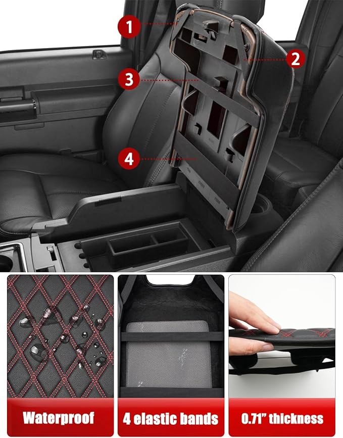 KBH Center Console Armrest Cover for Ford F250 F350 F450 F550 2011-2016, Auto Arm Rest Box Cushion Pad, PU Leather Trim, Anti-Scratch, Black-red Stitch (Fits Bucket Seat Console Only)