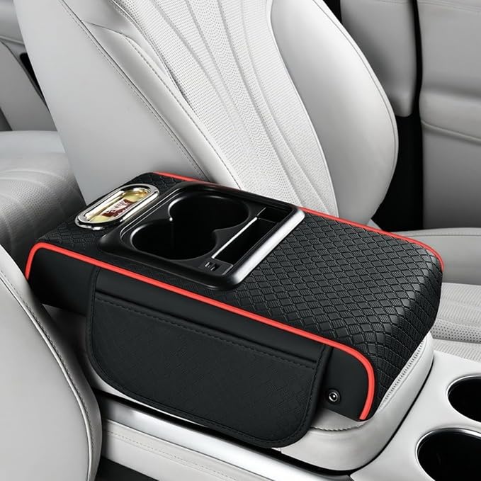 2026 Enhanced Car Center Console Armrest Cushion with USB& Type-C Charging, PU Leather Console Pad with Cup Holders, Storage& Tissue Outlet for Most Vehicles (Flat Version, Black-Red line)