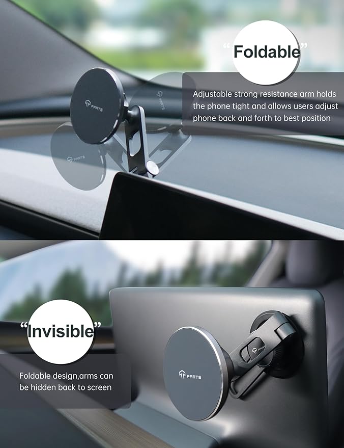 TPARTS Foldable Magnetic Car Cellphone Mount, Hidden Design for Tesla Model 3/Y/X/S, Compatible with iPhone 16, 15, 14, 13, 12, Mag Safe Cases