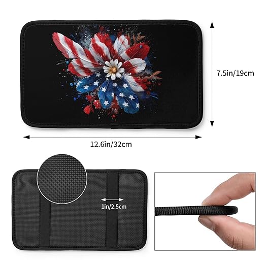 American Flag in Red Flower Car Auto Armrest Cushion Cover Accessories Center Console Seat Box Pad Protector Universal Decoration for Most Vehicle SUV Truck