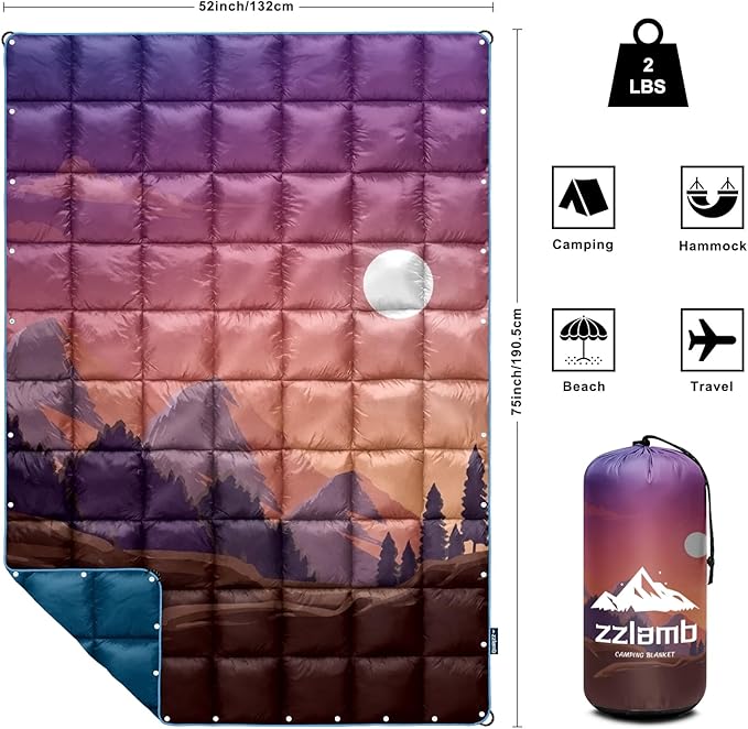 zzlamb Camping Blanket for Cold Weather,Outdoor Puffy Blanket Portable Down Alternative,Windproof Warm Cloak with Snaps,Cozy Quilt Backpacking Picnic RV Travel Plane Car Hammock Beach Climbing