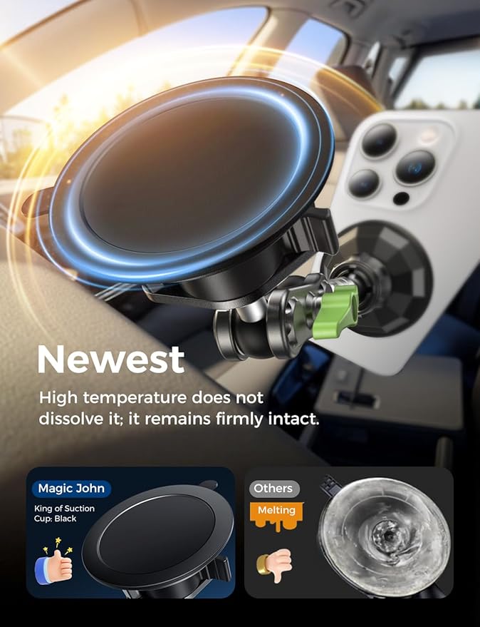 MAGIC JOHN Magnetic Car Phone Holder [Strong Suction&Strong Magnetic] 360° Adjustable Car Phone Mount for Windshield, Ultra-Durable Metal, Suction Cup Car Phone Mount for iPhone Samsung All Smartphone