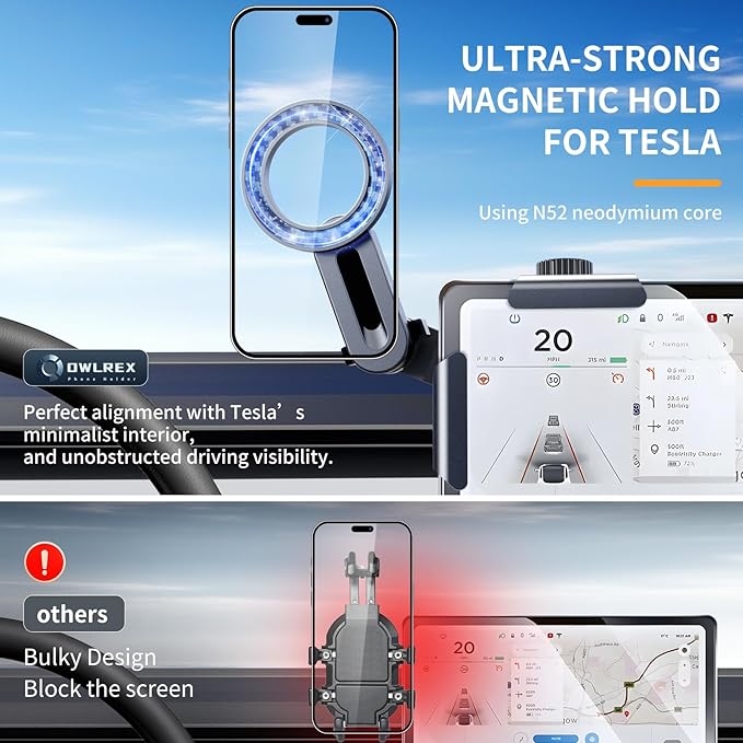 MagSafe Tesla Phone Mount for Model 3/Y/S/X/Cybertruck - Magnetic Car Phone Holder with N52 Strong Magnet 360° Rotatable Alloy Stand Silicone Pad Screen Safe & Universal Fit Obsidian Black