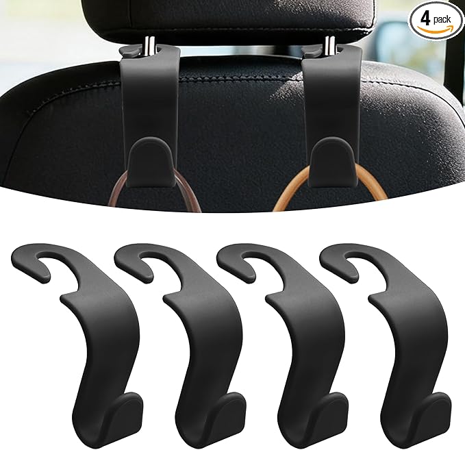 4PCS Car Seat Headrest Hooks, Purse Hook for Car, Auto Back Seat Organizer Storage Hanger Holder, Auto Accessories Multi-Use Portable Headrest Organizer Holder for Purse Handbag Coats (Black)
