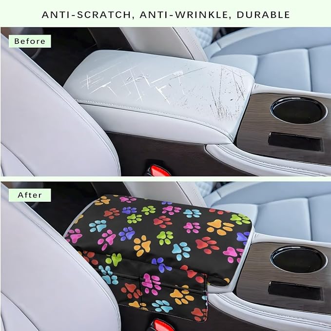 Dreaweet Dog Paw Center Console Armrest Pad Cover Cute Car Accessories for Women Comfy Anti-Scratch Middle Console Covers with Pockets Universal Car Armrest Storage Box Mat for SUV Trucks Sedan Van
