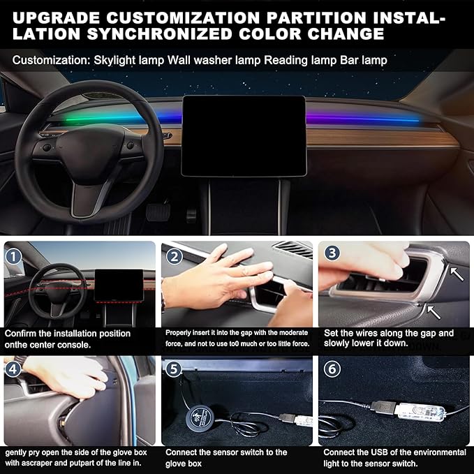 Acrylic Interior Car LED Strip Light with 30S Motion Sensor Switch&USB Hub, Dreamcolor 55.1 inches Ambient Lighting Kits, RGB Colors Neon LED Strip Light