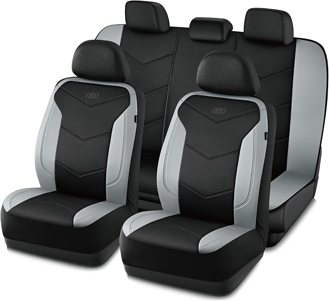 Skechers Memory Foam Seat Covers,Leather Car Seat Covers, Ultimate Comfort & Support Seat CoversFull Sets,Airbag Compatible, Automotive Universal Fit Most for SUVs, Vans, Sedans, Cars, Trucks,Gray
