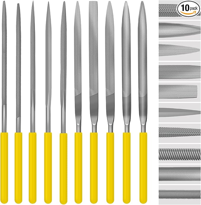 Needle File Set, 10 Pieces Hand Metal Files, Hardened Alloy Strength Steel Set Includes Flat, Round, Half-Round, Triangular, Square, Oval, Crossing, and Barrette File