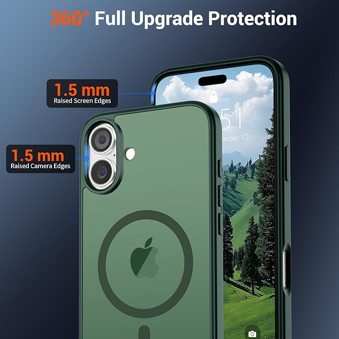 SUPFINE Magnetic for iPhone 16 Case (Compatible with MagSafe) (Military Grade Drop Protection) Slim Translucent Matte Shockproof with Anti-Fingerprint Phone Case,Forest Green