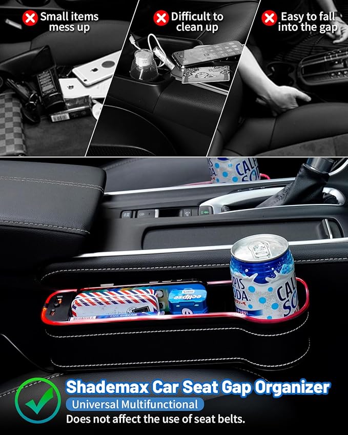 Shademax LED Car Seat Gap Filler Organizer Console Side Storage Box Between Seats with Cup Holders RGB Color Changing Storage Front Seat Gap Filler with USB Charging Car Interior Accessories (2 Pack)