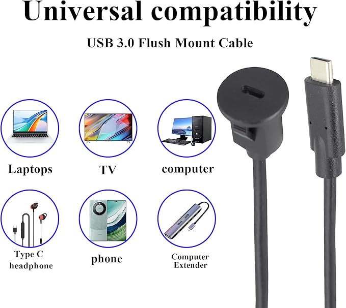 zdyCGTime USB Type C 3.0 Flush Mount Extension Cable USB C 3.0 Male to Female Flush Panel Mount Cable for Car, Boat, Motorcycle, Truck Dashboard,Sync Charging & Data Transferring.(1.5M/5FT/Type C)