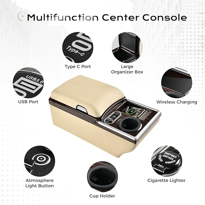 Coverado Center Console, Universal Bench Seat Center Console with Wireless Charging & Cup Holder & 7 Light Modes, Truck Back Seat Car Organizer, Rear Central Car Armrest Box with Storage, Beige