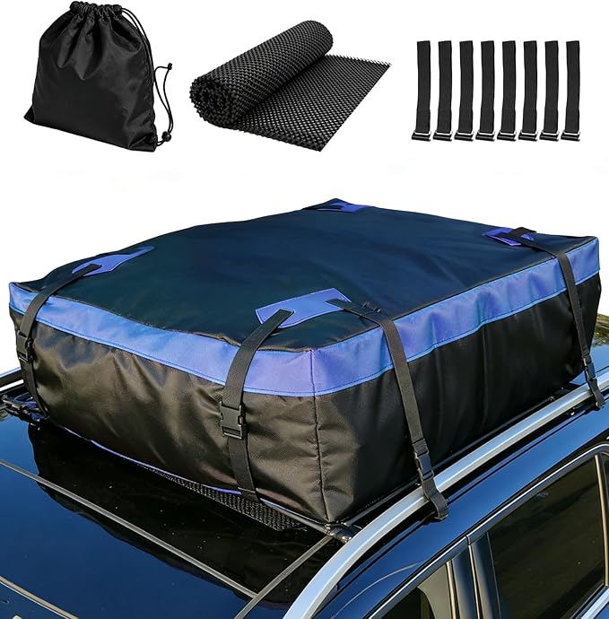 Cyfie Car Rooftop Cargo Carrier Bag, 15 Cubic Feet Waterproof Heavy Duty 420D Oxford Cloth Car Roof Luggage Cargo Storage Bag for All Vehicles with/Without Rack (Black and Blue)