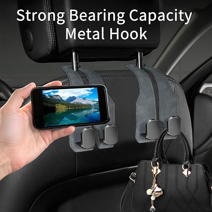 Car Seat Headrest Hooks for Purses and Bags, 2 Pack Bag Purse Holder for Car With Double Metal Hooks, Car Purse Hanger, Headrest Back Seat Handbags Hook Cute Hanging Accessories, Grey