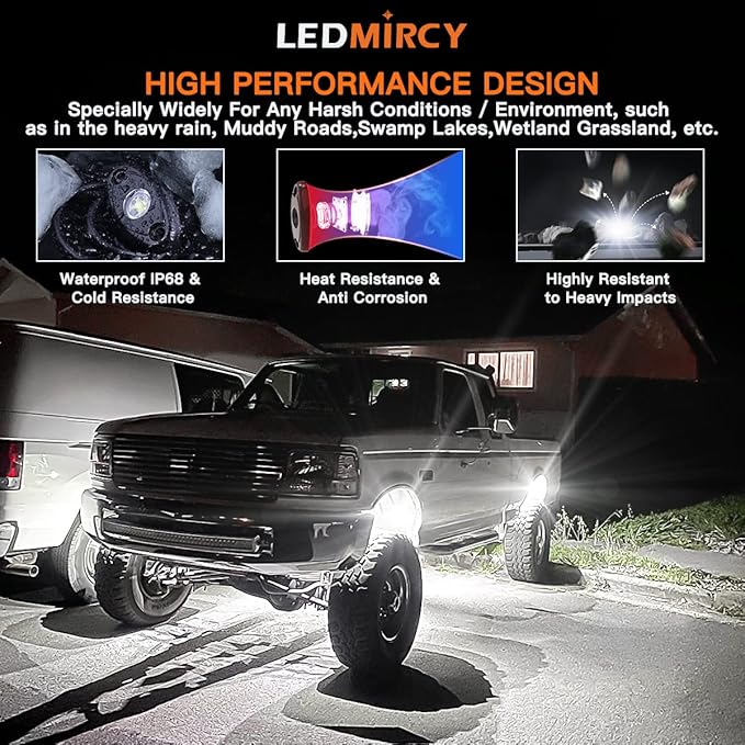 LEDMIRCY R1 Pure White Rock Lights Kit with Switch Wire Harness 12PCS Super Bright LED Rock Lights White for Offroad Trucks ATV UTV SUV High Power Underglow Under Body Light Waterproof Shockproof