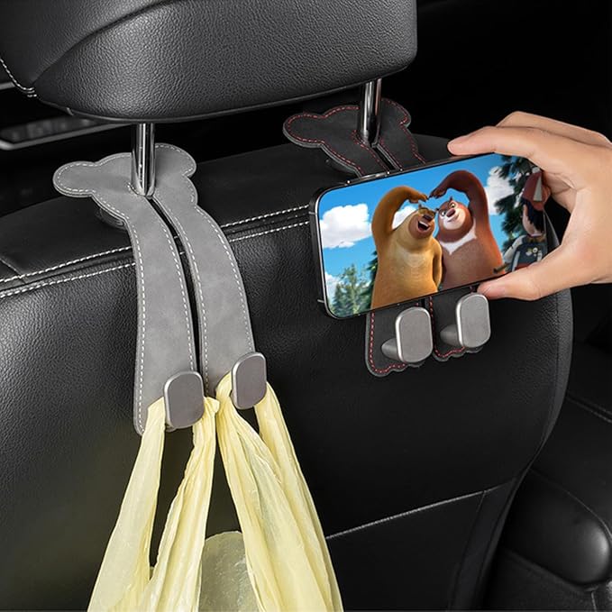 Car Seat Headrest Hook, 2PCS Cute 2 In 1 Vehicle Backseat Hanger Storage Double Hook with Phone Holder, Auto Interior Hanging Organizer Accessories, Universal for SUV Sedan Truck (Black)