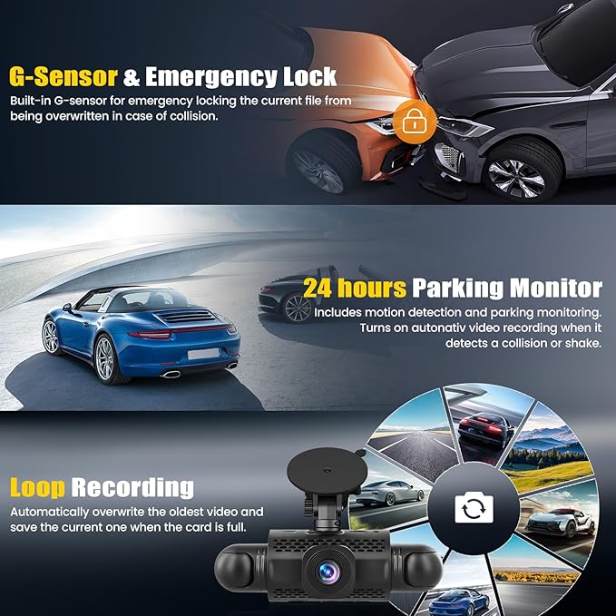 4 Channel 360° Dash Cam Front and Rear Inside Left Right,3 Inch 1080P Dash Camera for Cars Car Camera with IR Night Vision,Loop Recording,G-Sensor,Parking Assistance,24H Parking Monitor
