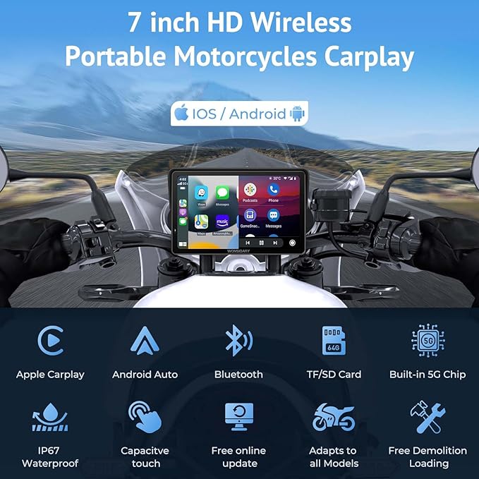 W722 for Motorcycle CarPlay & Android Auto,7" Waterproof Smart GPS Navigation System Screen,Car Play Moto with Light Sensor,Dual Bluetooth,Siri/G-Assist,EQ,USB/Hardwired Power Supply