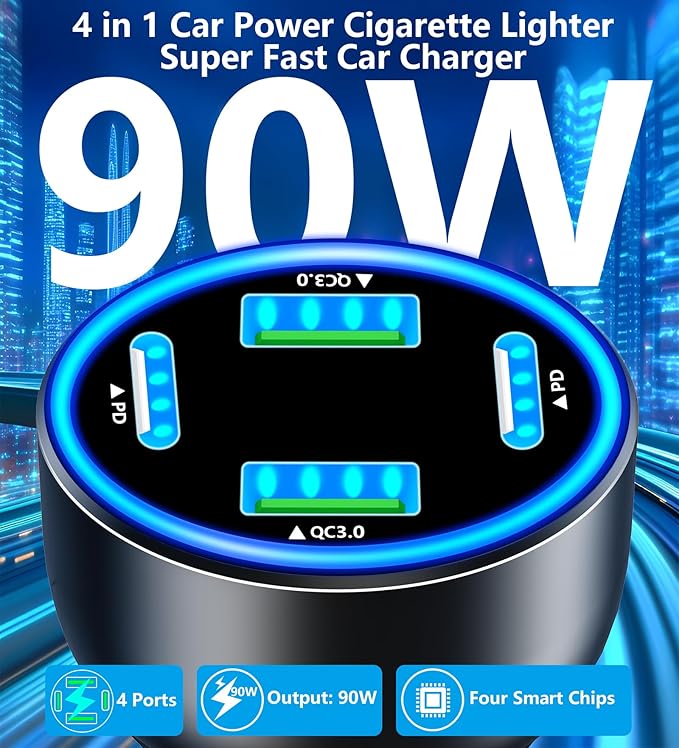 USB C Car Charger, Rombica 4-Port 90W Dual USB-C + USB-A Car Power Adapter, 4 in 1 PD/QC Type-C Fast Car Charging Cigarette Lighter for iPhone 17 17 Pro Max 16 15 14 13 12 11/Galaxy S25 S26/Pixel/iPad