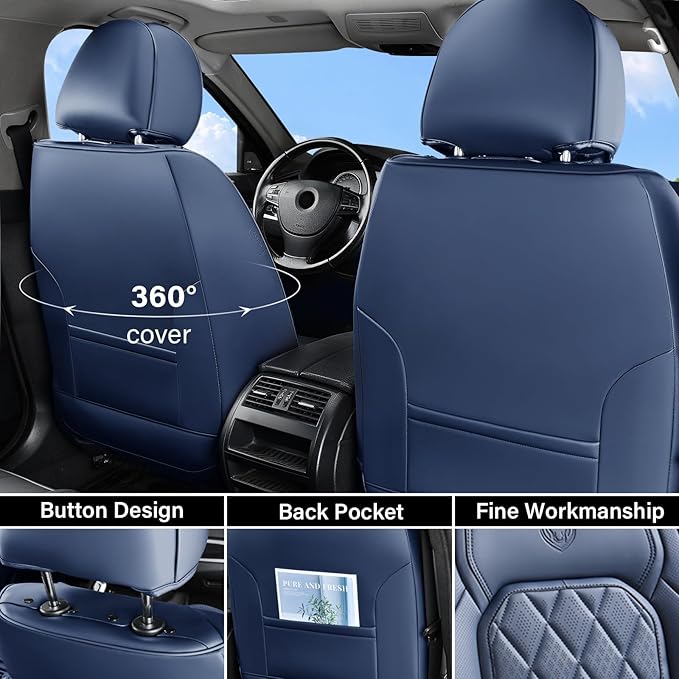 Coverado Car Seat Covers, Front Seat Cover, 2 Pack Luxury Faux Leather Seat Covers for Cars, Waterproof Car Seat Protector, Blue Car Seat Cover, Universal Car Seat Protectors Fit for Most Cars