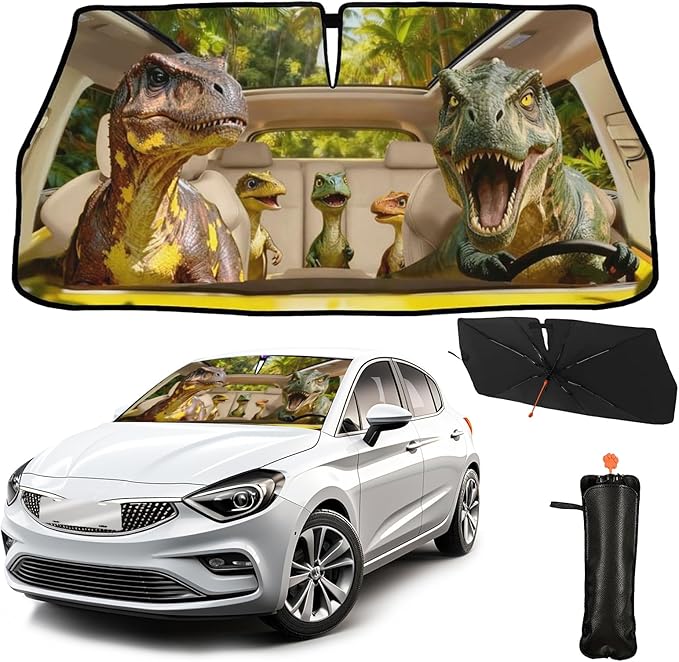 CHILL·TEK Funny Animal Car Windshield Sun Shade Umbrella, Dinosaur Driving Car Sun Shade Umbrella, Block UV Rays Heat Foldable Windshield Umbrella Sun Visor Protector - Keep Vehicle Cool for Cars SUV