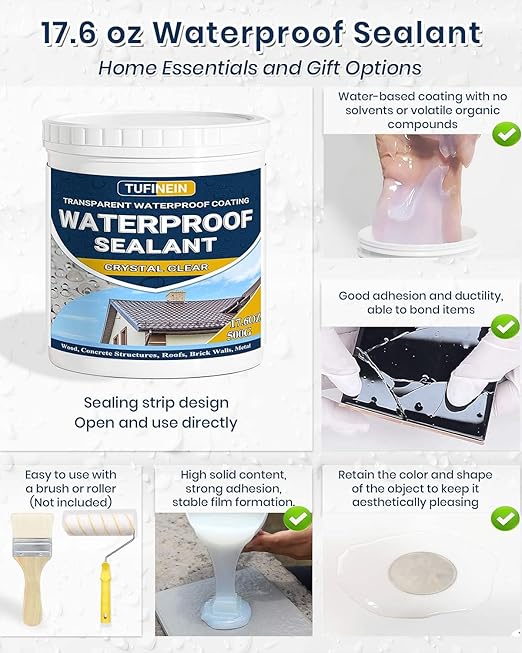 Waterproof Sealant 17.6oz Clear, TUFINEIN Transparent Waterproof Coating Water-Based Invisible Agent Roofs, Walls, Garden, Terraces Indoor & Outdoor