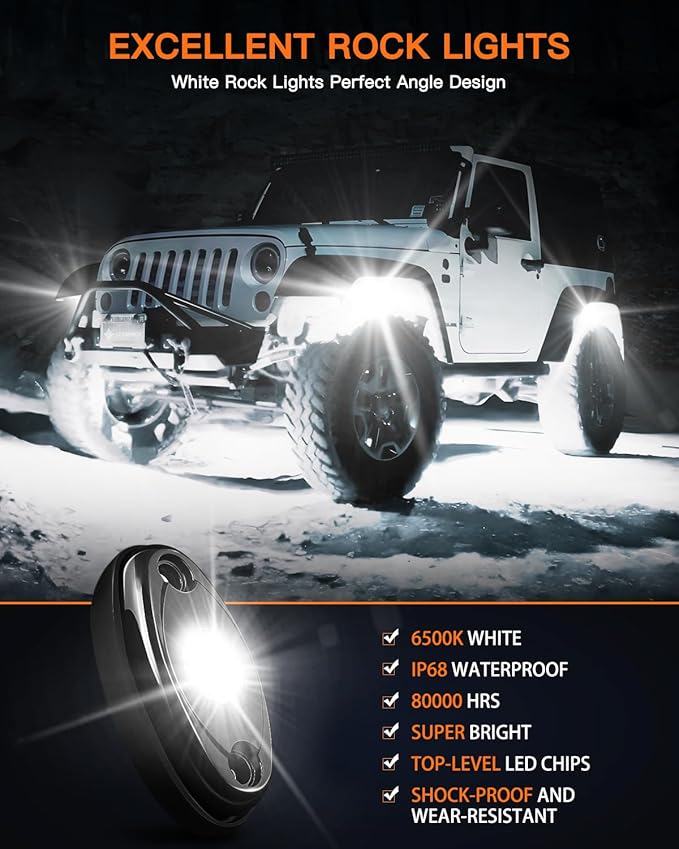 LEDMIRCY R1 Pure White LED Rock Lights Kit with Roker Switch Wire Harness 12PCS High Power Rock Lights White for Trucks Off Road ATV UTV SUV Underglow Trail Rig Light Under Body Waterproof Light