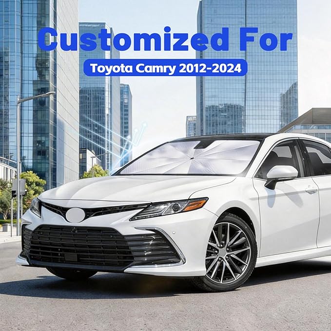 Windshield Sun Shade for Toyota Camry 2012-2024, Umbrella Car Shades with 360°Rotating Shaft, Foldable Front Window Sunshade for UV & Heat Protection