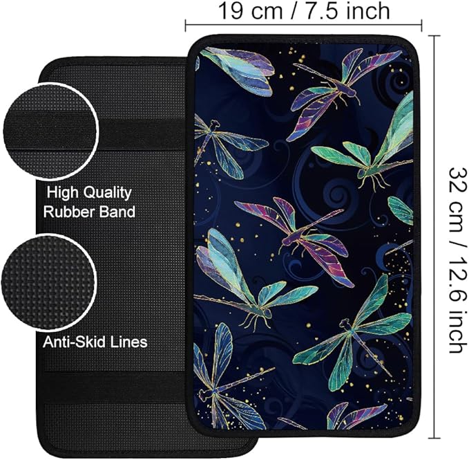 1pc Center Console Armrest Cover Pad 12.6x7.5 inch Dragonfly Neoprene Car Armrest Cushion Waterproof Armrests Seat Box Cover Protector for Universal Cars Vehicles SUVs