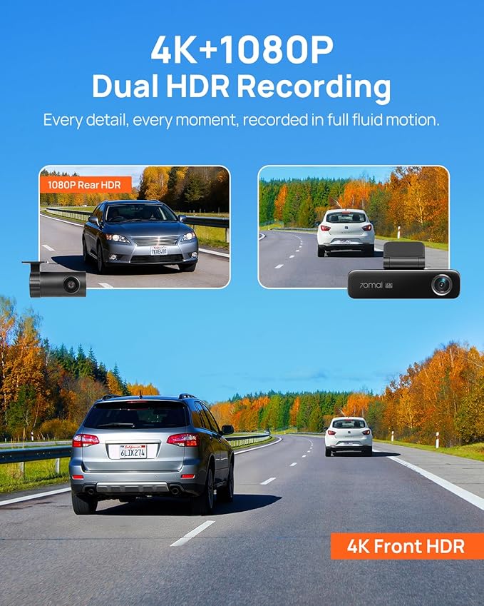 70mai 4K Dash Cam Front and Rear for Cars, STARVIS 2 IMX678 Super Night Vision & F1.7 Aperture, Dual HDR, Support 4G LTE & 5GHz Wi-Fi, Built-in 128GB eMMC, GPS, Voice Control, Parking Monitor (M800)