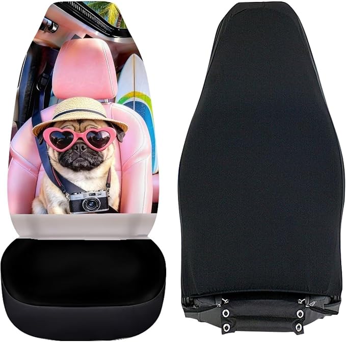 Pug Car Front Seat Covers 2 Pcs Stretch Polyester Fabric Cover Funny Car Seat Covers Protector Anti-Slip Protection Interior Accessories for Most Cars Sedans and SUVs