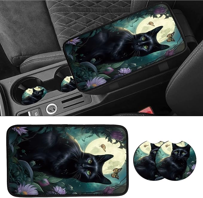 Car Armrest Cover Pads Universal Fashion Cute Auto Center Console Armrest Cover Pad with 2PCS Car Coasters Soft Waterproof Car Armrest Seat Protector for Women Girls, Black Cat