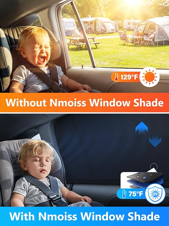 Car Window Shades for Baby[Ice Crystal Cooling Layer](2 Pack) UV-Blocker Cling Sun Shade 99% UV Protection Fit SUV/Sedan/Minivan | Roll Windows Down, Privacy Safe Medium