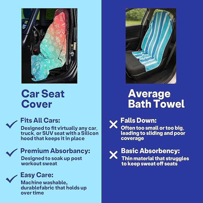 2 Pack Car Seat Towel Covers, Sweat Protector for Front Seats, Premium Thickened Microfiber with Elastic Strap, Breathable & Quick Dry, Machine Washable Cover for Gym Running Universal Fit Seashell