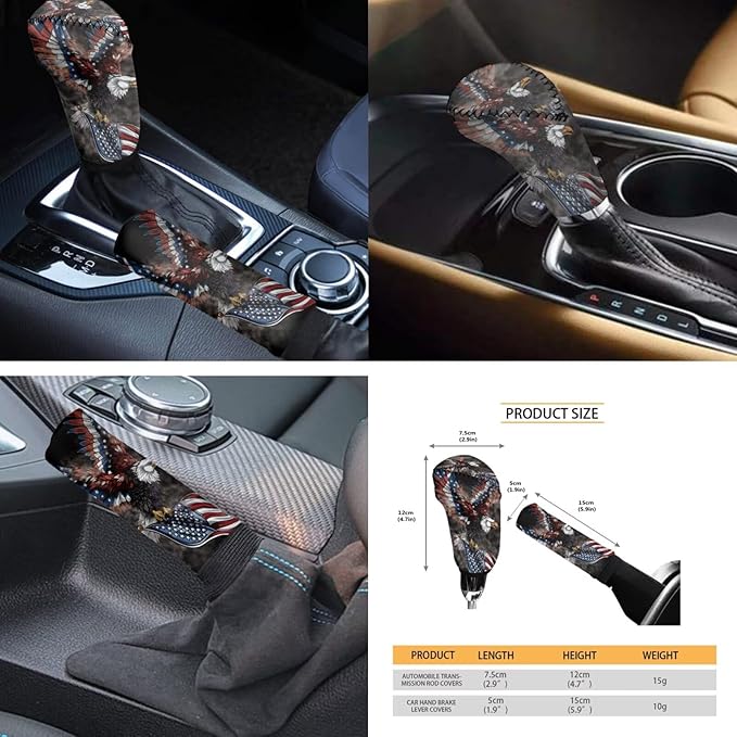 FKELYI Eagle American Flag Car Seat Covers Full Set Car Headrest Covers Gear Shifter Knob and Handbrake Cover Set, Steering Wheel Protector,Cup Coasters