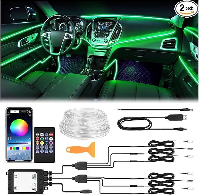 Interior Car LED Strip Lights 315 inches Fiber Optic tubing USB Powered RGB 6 in 1 Car Neon with Wireless APP and Remote Control, Ambient Lighting Kits 16 Million Colors,Sync to Music