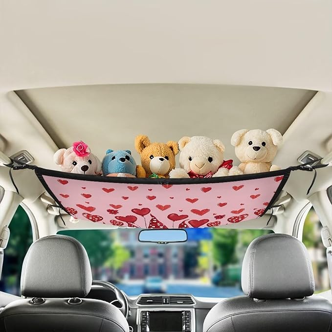 Generic Gnomes Hearts Car Ceiling Cargo Net Pocket Storage Net,31.69"x24.02" Adjustable Strap to Reduce Sagging Car Roof Storage Organizer, Car Camping Essentials Valentine's Day Decorations