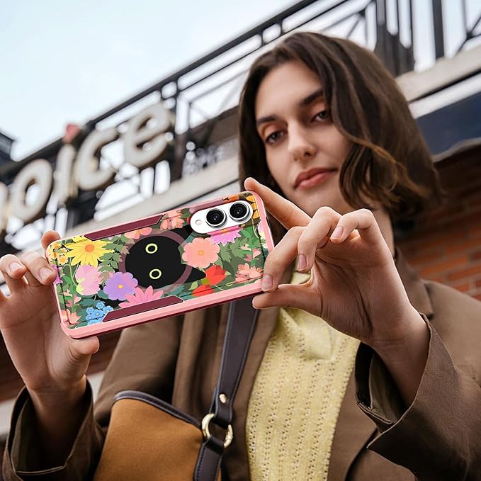 for Samsung Galaxy S25 Edge Case - Compatible with MagSafe Women Girls Cute Magnetic Protective Phone Cover Girly Cat Flowers Floral Heavy Duty Shockproof Design for Samsung S25 Edge Case