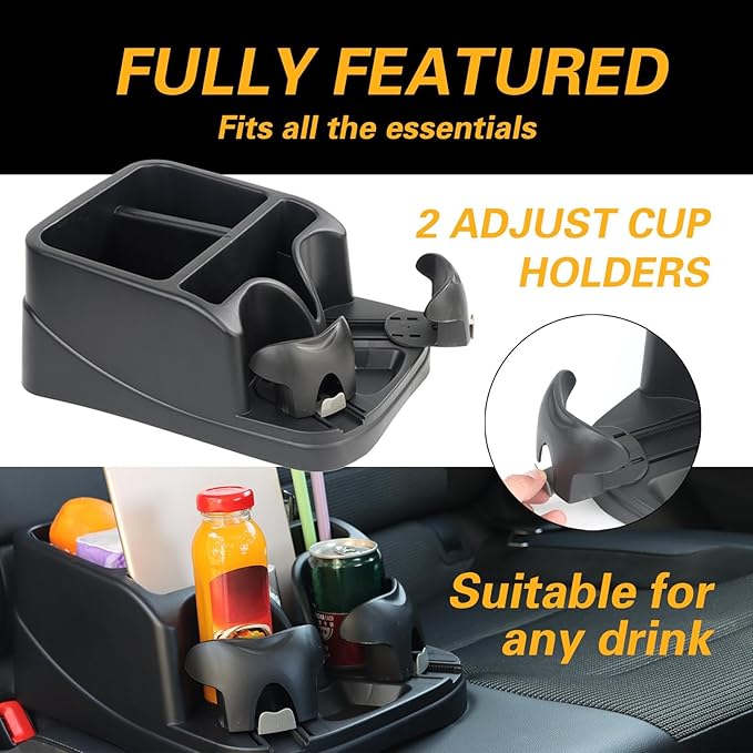 Big Plastic Console for Cars, Trucks, Minivans, SUVs with 2 Adjustable Drink Cup Holders Phone Book Holder, Back Bench and Front Seat or Floor Middle Console Universal Vehicle Organizer Black