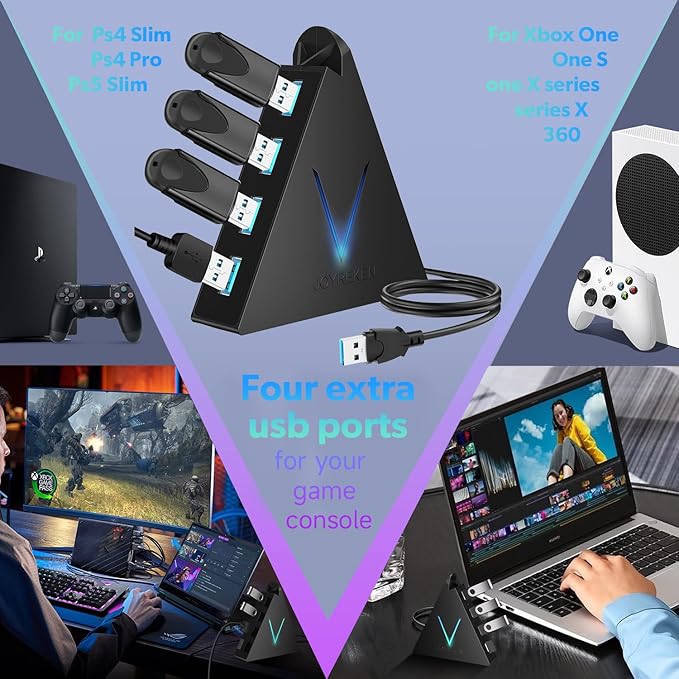 4-Port USB 3.0 Hub, FlyingVHUB USB Hub Tower with 2 ft Extended Cable,USB Splitter for Laptop,PC,PS4,PS5,Xbox,Mouse,Keyboard, Flash Drive, U-Disk (Black)