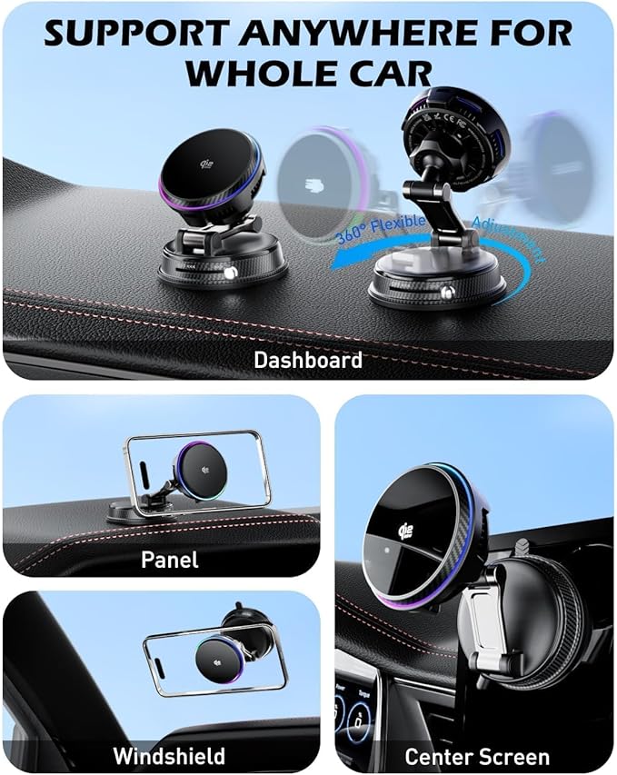 CloudValley 25W Wireless Car Charger Mount with RGB Light, Magnetic Car Phone Holder with Cooling Fan & 45W Adapter, 360° Rotating Vacuum Suction Mount, Only Design for MagSafe iPhone 17/16/15/14/13