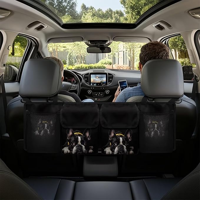Cute Bulldog Trunk Organizer for Car with Lid Large Capacity Waterproof Backseat Hanging Organizer Net Bag Storage Bag