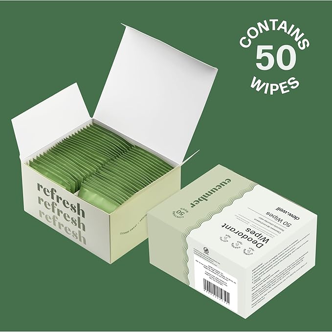 Dew Well Deodorant Wipes - Individually Wrapped Travel Wipes - On-the-Go Travel Toiletries - Natural Deodorant Formula - 50 Count, Pack of 1, Cucumber