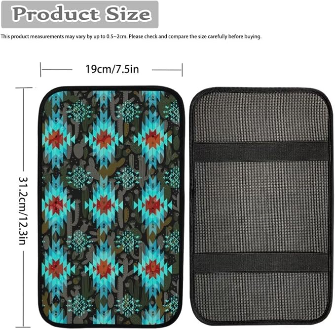 Coldinair Native Aztec Car Armrest Cover,Car Center Console Pad,Soft Seat Box Cover Protector Cushion,Car Accessories Decor for Most Cars,Sedan,Truck,SUV,Aqua