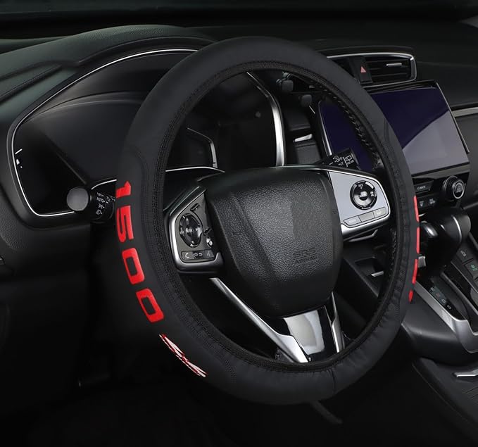 Black Leather Steering Wheel Cover,Elastic Breathable Design,Universal 14-15 Inch Compatible with Silverado 1500 Sierra 1500 Ram 1500 Car Accessories