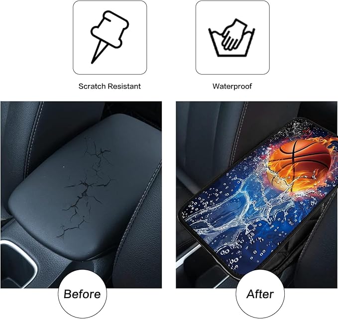Car Armrest Cover Pads Universal Fashion Cute Auto Center Console Armrest Cover Pad with 2PCS Car Coasters Soft Waterproof Car Armrest Seat Protector for Women, Basketball