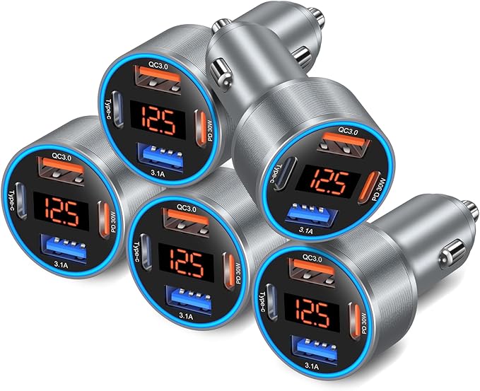 Car Charger 5 Pack, 65W 12V USB Multi Port QC/PD 3.0 Fast Charge Cigarette Lighter Adapter Dual USB-C & USB-A Cargador Carro Car Phone Charger Plug for iPhone 17 16 15 14 13 Galaxy Android(Gray)