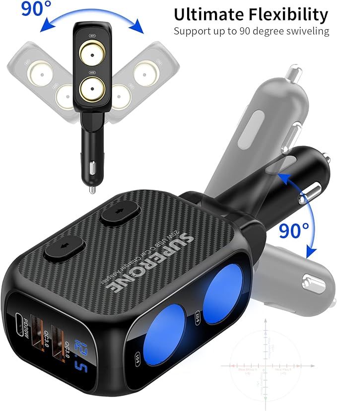 SUPERONE 180W Cigarette Lighter Splitter with 20W PD, 2-Socket Cigarette Lighter Adapter, Fast USB C Car Charger with Type-C 20W PD & QC 3.0 for Dash Cam, GPS, iPad/Laptop/iPhone 17/16/15/14/Samsung