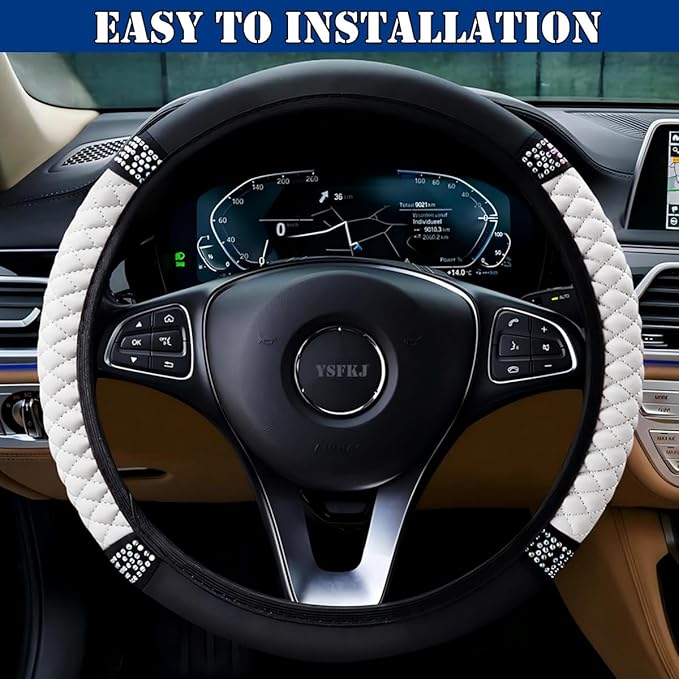 Soft Leather Car Steering Wheel Cover, Universal 15 Inch Colorful Rhinestones Anti-Slip Elastic Steering Wheel Covers for Most Cars, Sparkly Crystal Diamond for Women Girls (White)