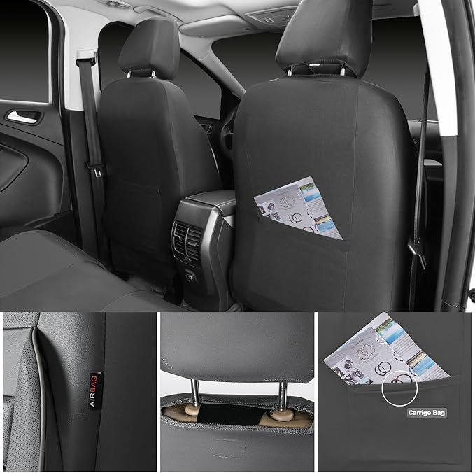 CAR PASS Leather Seat Covers Full Set Universal Water Resistant 3D Foam Back Support, Luxury Comfort Automotive 5 Seat Covers All Season Fit for SUV,Sedan,Van, Airbag Compatible Elegance (Gray)